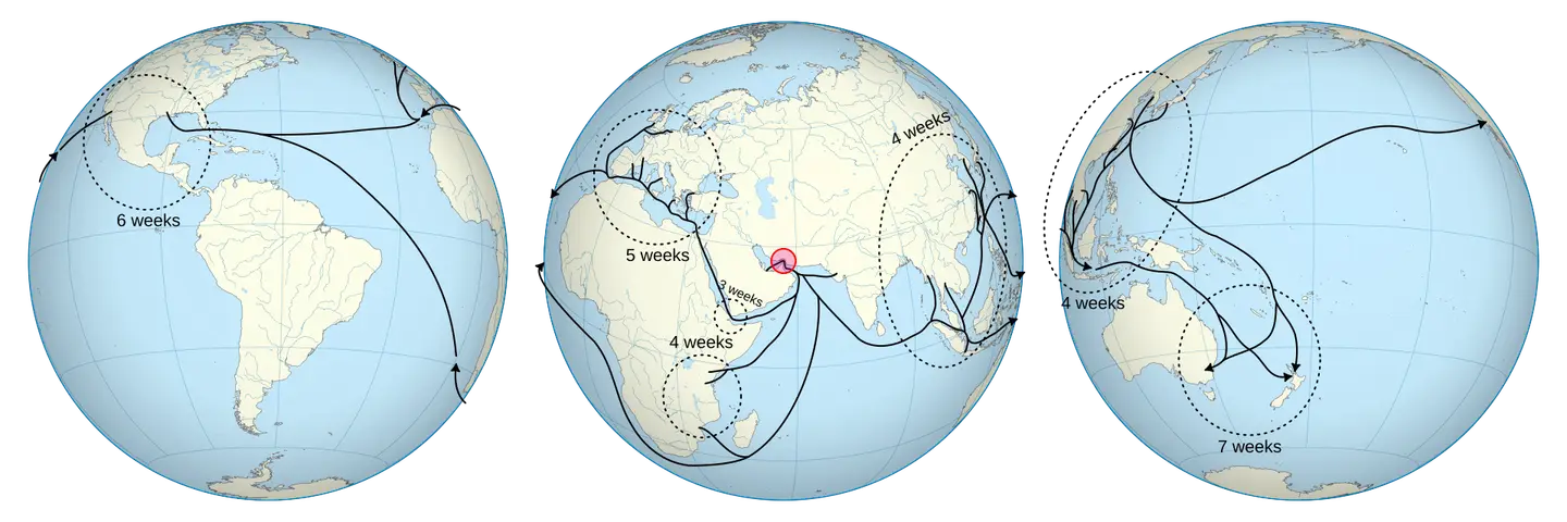 World maps centered on the Strait of Hormuz, with oil delivery routes and delivery-time arcs radiating toward Europe, Asia, the Americas, and Oceania.